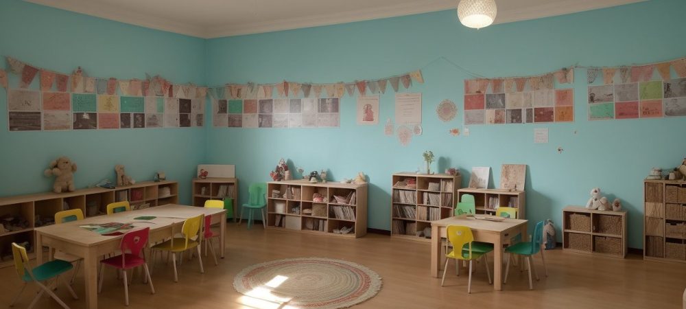 Crianças ouvindo a contação de histórias em uma sala de aula, com livros e elementos visuais que estimulam a imaginação e o aprendizado.