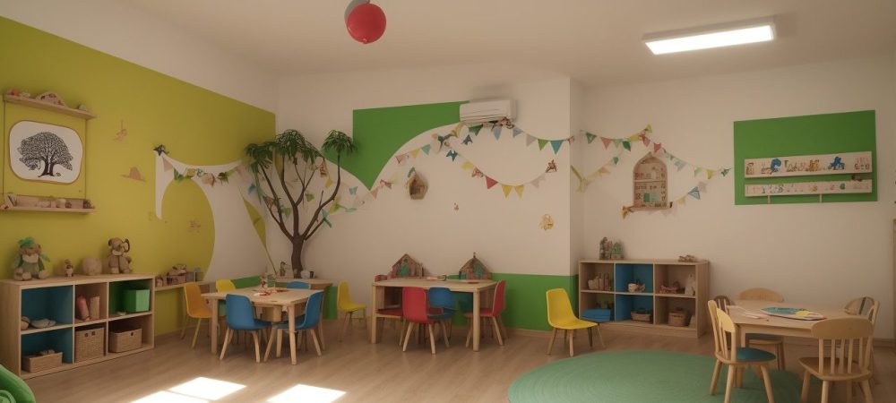 Crianças ouvindo uma história com fantoches em um ambiente acolhedor, representando a contação de histórias na educação infantil.