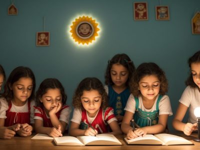 Crianças em sala de aula, envolvidas em atividade de contação de histórias com recursos visuais, promovendo a educação infantil