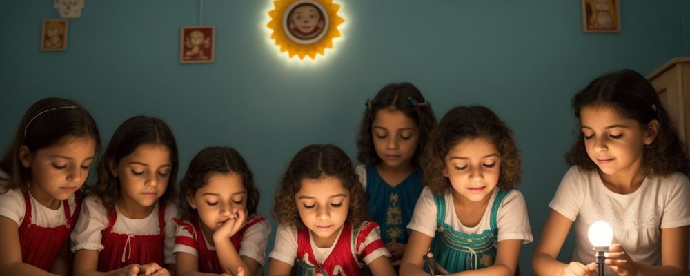 Crianças em sala de aula, envolvidas em atividade de contação de histórias com recursos visuais, promovendo a educação infantil