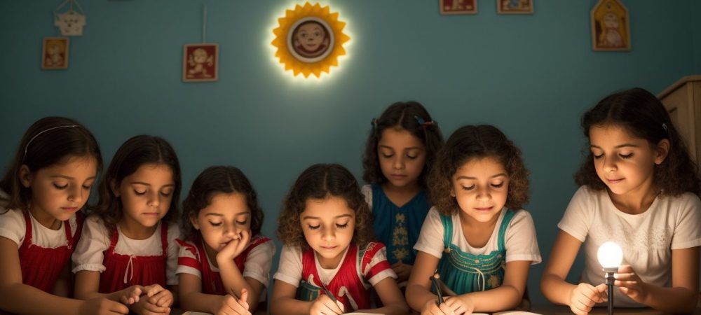 Crianças em sala de aula, envolvidas em atividade de contação de histórias com recursos visuais, promovendo a educação infantil