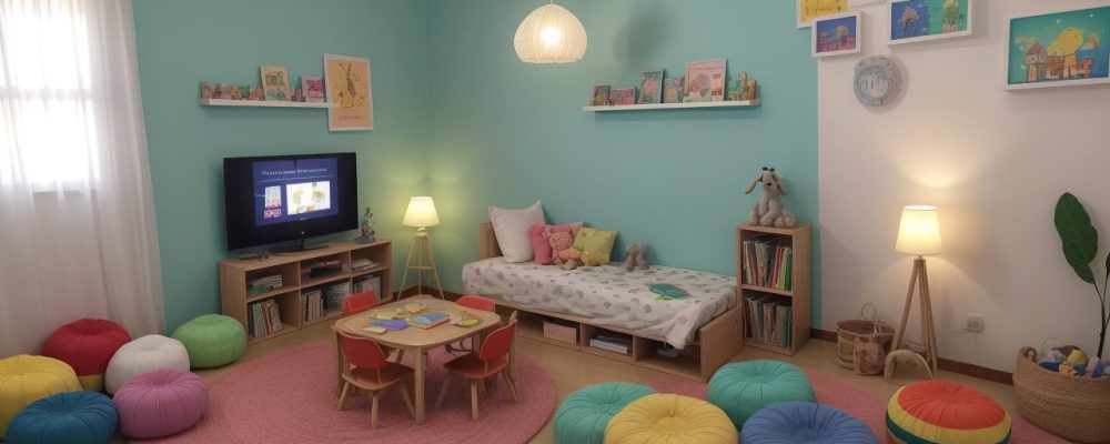 Crianças ouvindo a contação de histórias em sala de aula, com livros e fantoches, estimulando a imaginação e aprendizado.