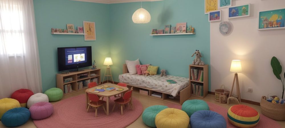 Crianças ouvindo a contação de histórias em sala de aula, com livros e fantoches, estimulando a imaginação e aprendizado.