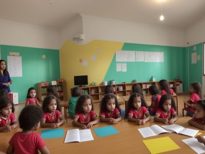 Crianças ouvindo e interagindo com uma contadora de histórias, usando recursos visuais em sala de aula