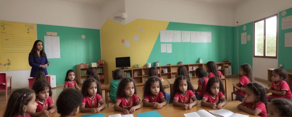 Crianças ouvindo e interagindo com uma contadora de histórias, usando recursos visuais em sala de aula