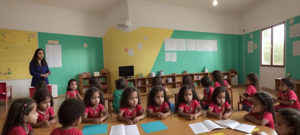 Crianças ouvindo e interagindo com uma contadora de histórias, usando recursos visuais em sala de aula