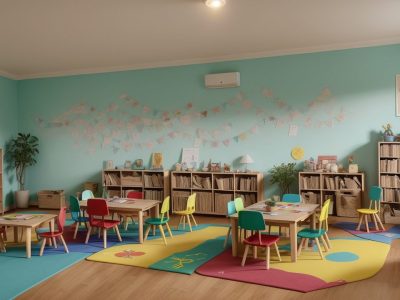 Crianças ouvindo contadores de histórias em um ambiente acolhedor e estimulante, com livros e elementos visuais que despertam a imaginação e o interesse pela literatura infantil.