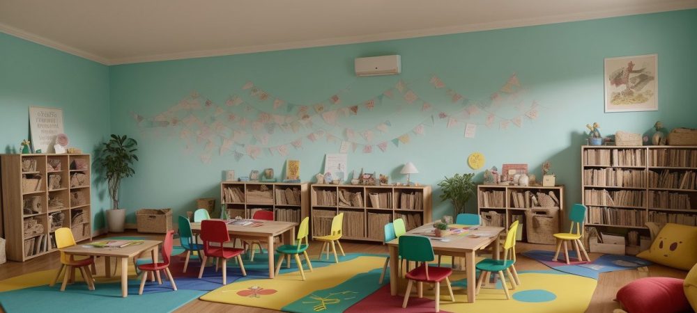 Crianças ouvindo contadores de histórias em um ambiente acolhedor e estimulante, com livros e elementos visuais que despertam a imaginação e o interesse pela literatura infantil.