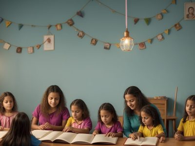 Crianças e educadora em um ambiente acolhedor durante uma sessão de contação de histórias na educação infantil, com livros e fantoches.
