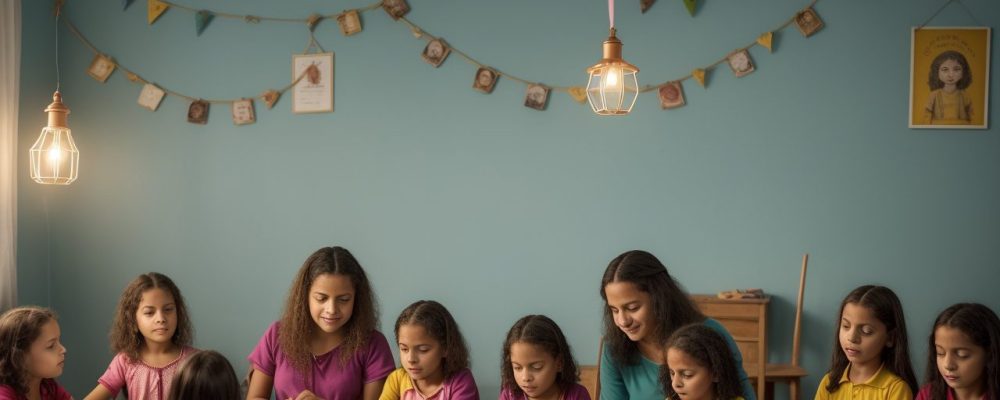 Crianças e educadora em um ambiente acolhedor durante uma sessão de contação de histórias na educação infantil, com livros e fantoches.