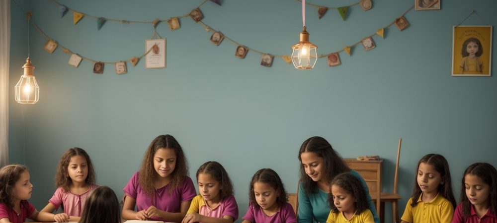 Crianças e educadora em um ambiente acolhedor durante uma sessão de contação de histórias na educação infantil, com livros e fantoches.