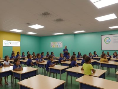 Imagem ilustrativa de um coordenador pedagógico interagindo com alunos em um ambiente escolar dinâmico e colaborativo, promovendo a orientação escolar e o engajamento estudantil.