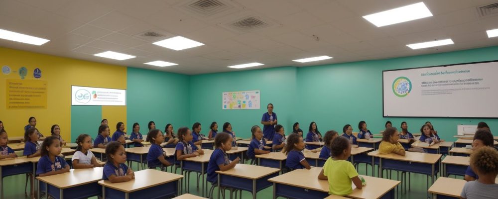 Imagem ilustrativa de um coordenador pedagógico interagindo com alunos em um ambiente escolar dinâmico e colaborativo, promovendo a orientação escolar e o engajamento estudantil.