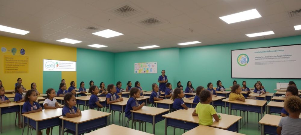 Imagem ilustrativa de um coordenador pedagógico interagindo com alunos em um ambiente escolar dinâmico e colaborativo, promovendo a orientação escolar e o engajamento estudantil.