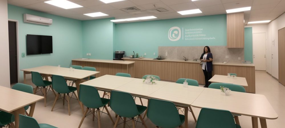 Um(a) coordenador(a) pedagógico(a) inspirando e liderando uma equipe de professores em uma reunião escolar, com foco em melhorar a coordenação e o ensino.