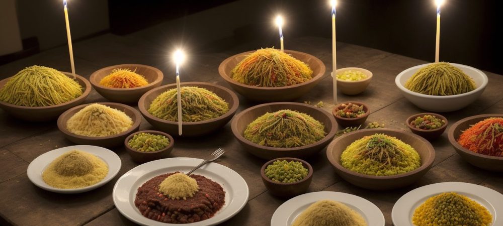 Uma mesa farta com pratos árabes coloridos e convidados reunidos para celebrar a culinária árabe.