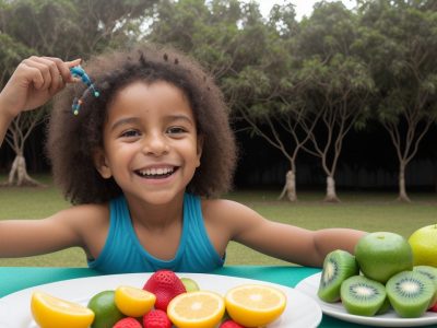 Criança sorrindo praticando exercícios e comendo alimentos saudáveis, mostrando o resultado de uma dieta para crianças obesas e uma vida ativa
