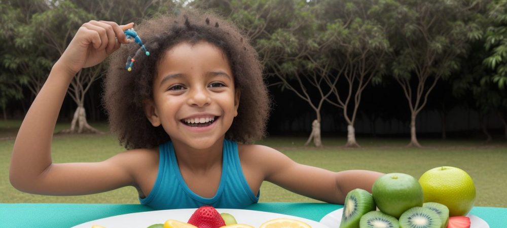 Criança sorrindo praticando exercícios e comendo alimentos saudáveis, mostrando o resultado de uma dieta para crianças obesas e uma vida ativa