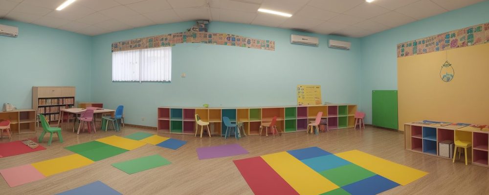 Crianças felizes aprendendo inglês e espanhol em sala de aula bilíngue, com materiais coloridos e professoras atentas