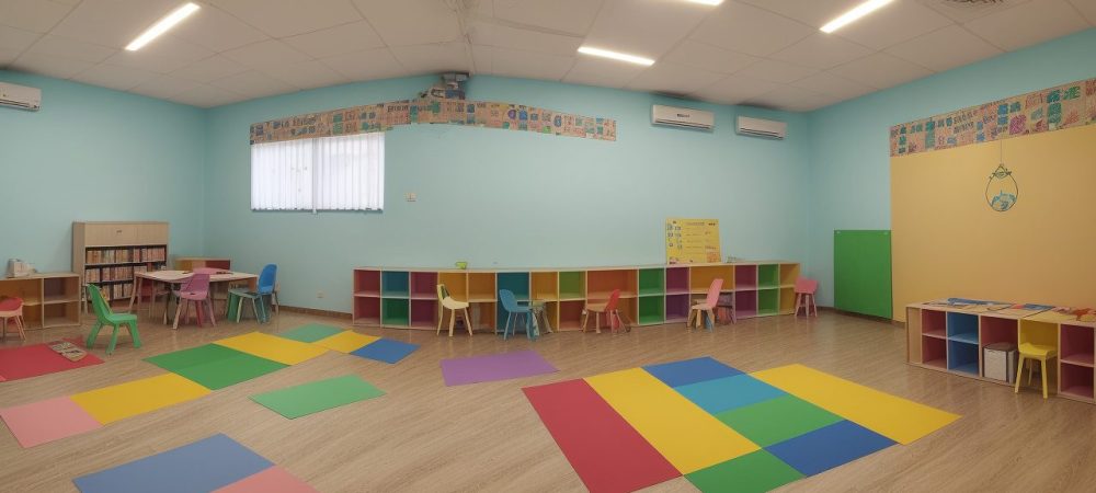 Crianças felizes aprendendo inglês e espanhol em sala de aula bilíngue, com materiais coloridos e professoras atentas