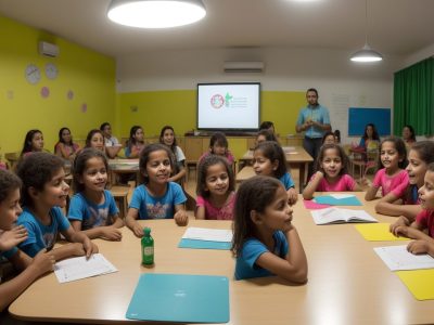 Crianças em sala de aula aprendendo Libras, com foco em inclusão e alfabetização em língua de sinais