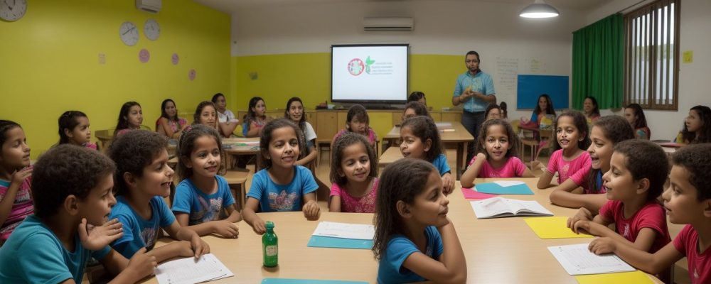 Crianças em sala de aula aprendendo Libras, com foco em inclusão e alfabetização em língua de sinais
