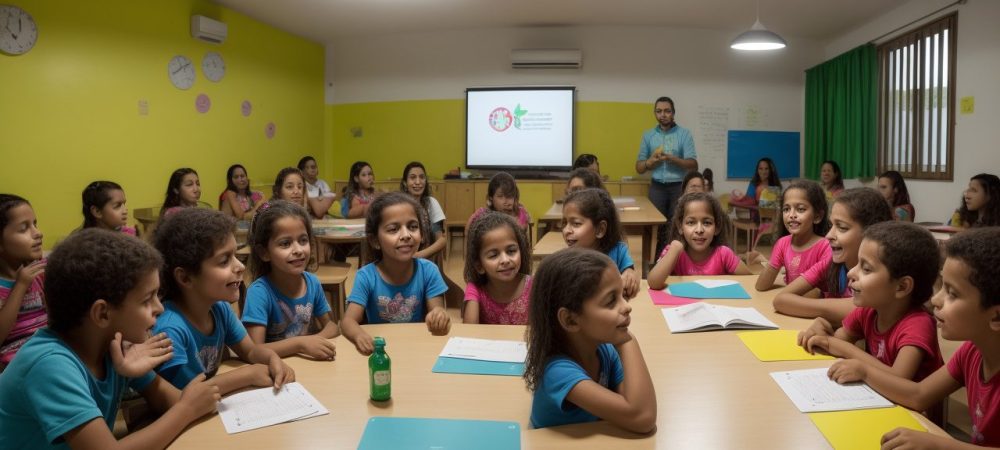 Crianças em sala de aula aprendendo Libras, com foco em inclusão e alfabetização em língua de sinais