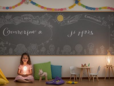 Ilustração de crianças ouvindo uma contadora de histórias, usando objetos visuais e desfrutando de um curso de contação de histórias.