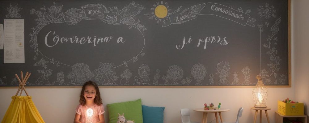 Ilustração de crianças ouvindo uma contadora de histórias, usando objetos visuais e desfrutando de um curso de contação de histórias.