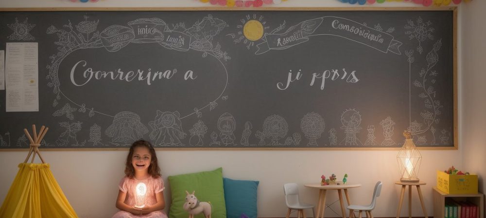 Ilustração de crianças ouvindo uma contadora de histórias, usando objetos visuais e desfrutando de um curso de contação de histórias.