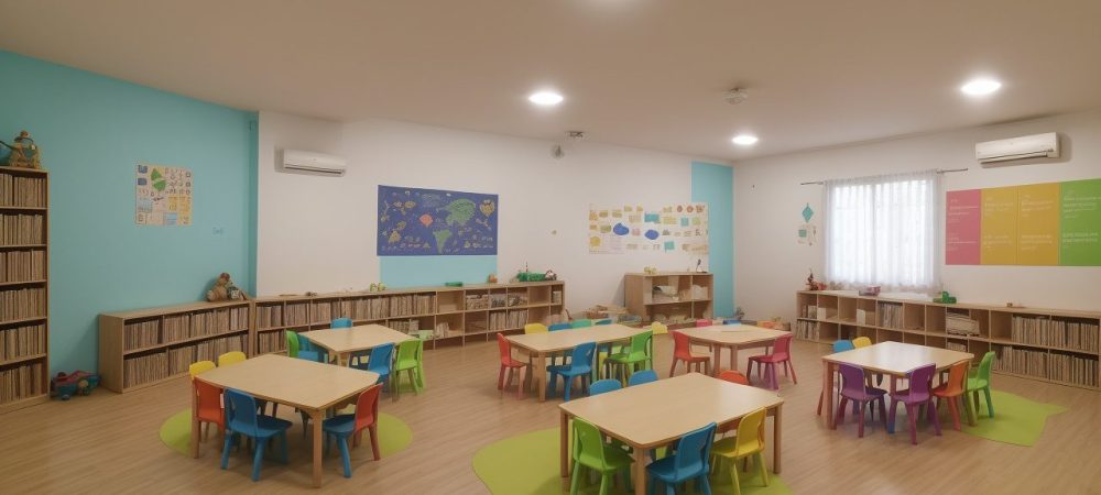 Crianças ouvindo e interagindo com uma contação de histórias na escola, com fantoches e elementos visuais para aprendizado lúdico.