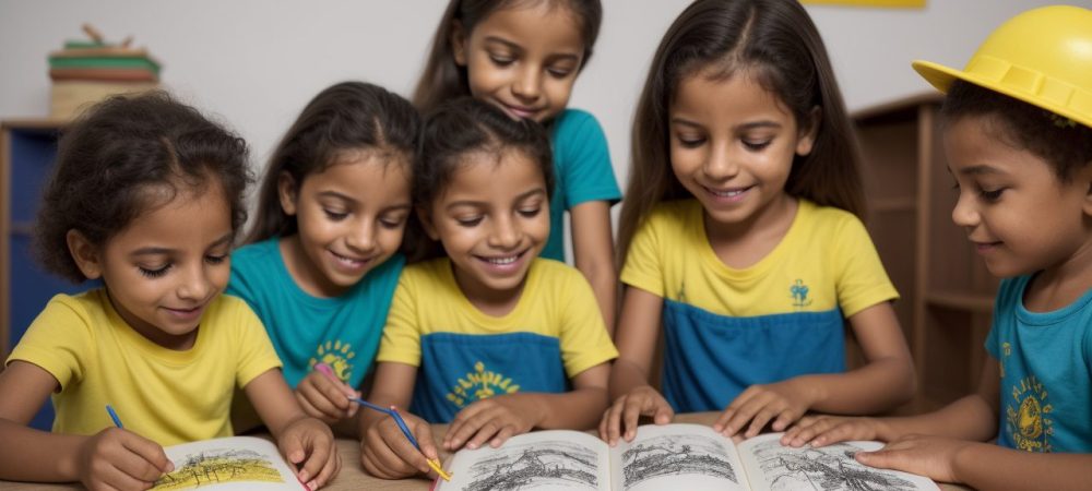 Crianças brincando e aprendendo com jogos de alfabetização em sala de aula, explorando letras e palavras de forma divertida.