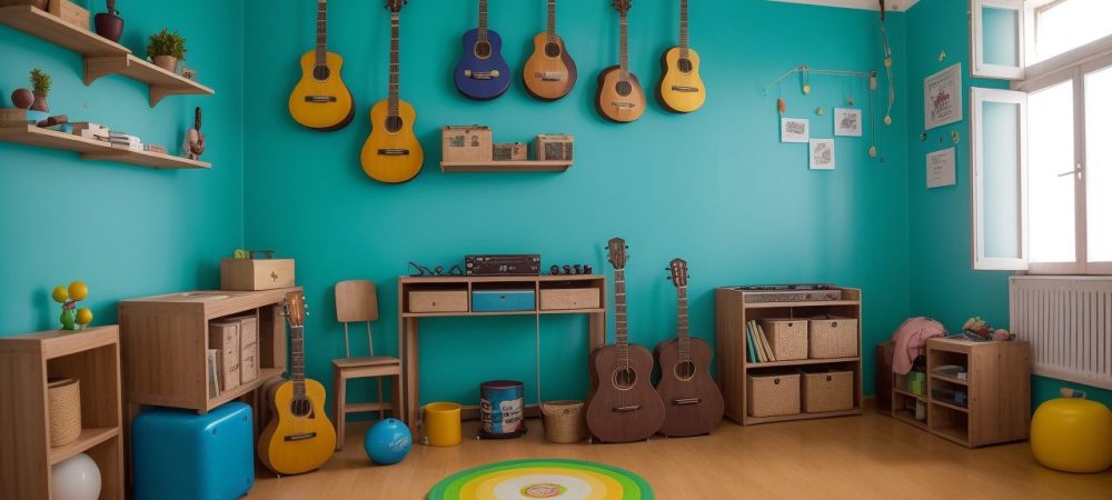 Crianças em sala de aula, felizes, participando de atividades musicais e aprendendo sobre a importância da música na educação infantil.