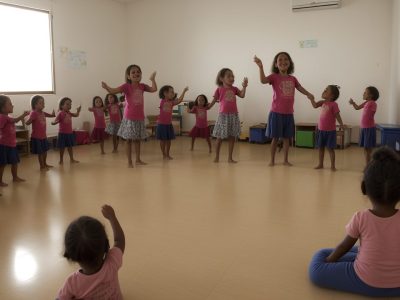 Crianças em sala de aula participando de atividades musicais e de movimento, aprendendo e se divertindo