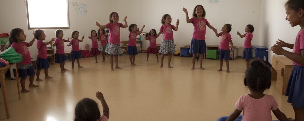 Crianças em sala de aula participando de atividades musicais e de movimento, aprendendo e se divertindo