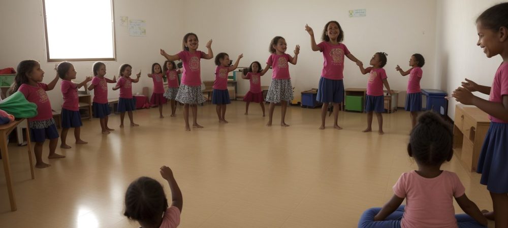 Crianças Cantando e Dançando: Música e Movimento na Educação Infantil Crianças em sala de aula participando de atividades musicais e de movimento, aprendendo e se divertindo