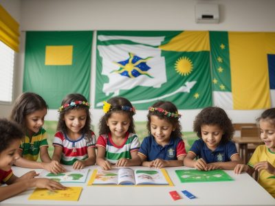 Crianças participando de atividades lúdicas e educativas para celebrar a Independência do Brasil na educação infantil, com bandeiras e fantasias.