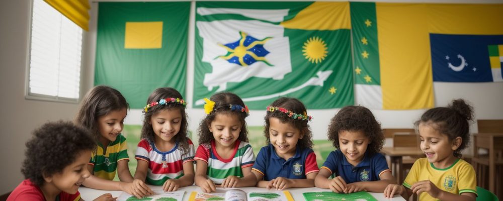 Crianças participando de atividades lúdicas e educativas para celebrar a Independência do Brasil na educação infantil, com bandeiras e fantasias.