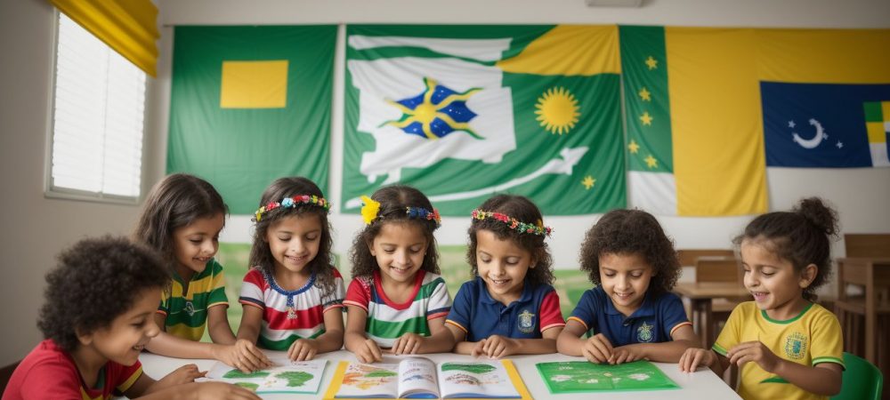Crianças participando de atividades lúdicas e educativas para celebrar a Independência do Brasil na educação infantil, com bandeiras e fantasias.