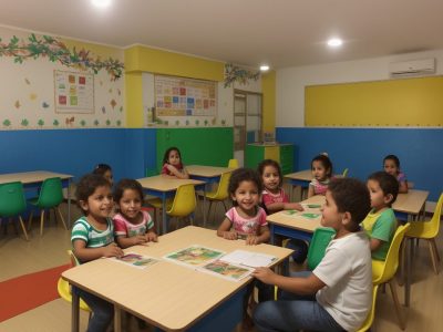 Crianças participando de atividades lúdicas e coloridas celebrando a Independência do Brasil em sala de aula, com bandeiras e símbolos nacionais.