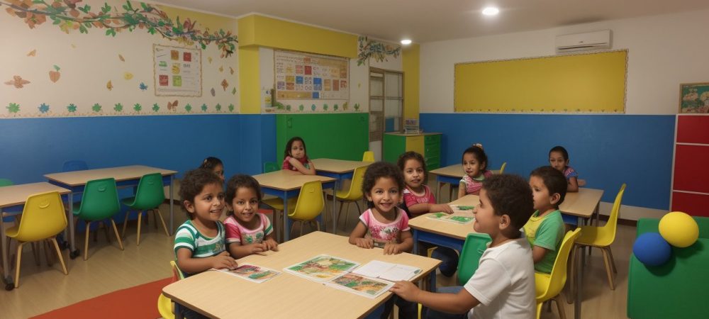 Crianças Celebrando a Independência do Brasil na Educação Infantil Crianças participando de atividades lúdicas e coloridas celebrando a Independência do Brasil em sala de aula, com bandeiras e símbolos nacionais.