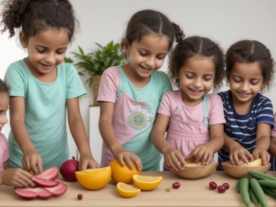 Crianças aprendendo sobre gastronomia infantil e preparando receitas saudáveis em uma cozinha ensolarada e colorida