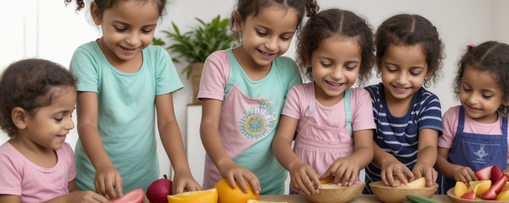 Crianças aprendendo sobre gastronomia infantil e preparando receitas saudáveis em uma cozinha ensolarada e colorida