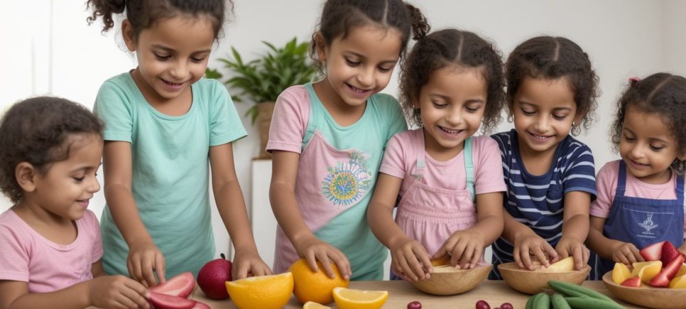 Crianças Cozinhando: Receitas para Crianças e Alimentação Infantil Saudável Crianças aprendendo sobre gastronomia infantil e preparando receitas saudáveis em uma cozinha ensolarada e colorida