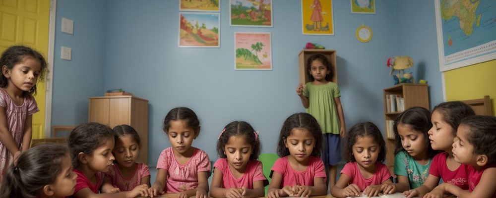 Crianças ouvindo atentas uma contação de histórias infantil, com livros ilustrados e recursos visuais, estimulando a imaginação e o aprendizado.