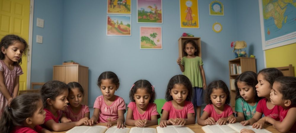 Crianças ouvindo atentas uma contação de histórias infantil, com livros ilustrados e recursos visuais, estimulando a imaginação e o aprendizado.