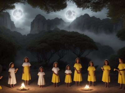 Crianças ouvindo atentas a um contador de histórias, imersas em um mundo de fantasia e aprendizado.