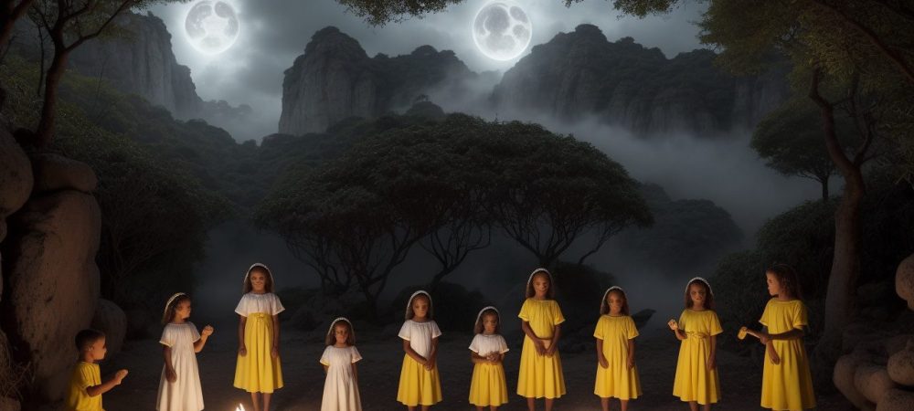 Crianças ouvindo atentas a um contador de histórias, imersas em um mundo de fantasia e aprendizado.