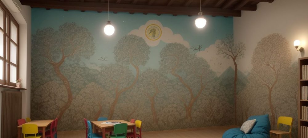 Crianças atentas ouvindo a contação de histórias na educação infantil, com livros e elementos visuais