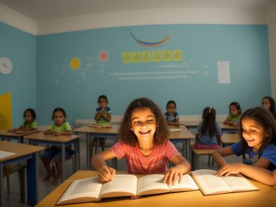 Crianças ouvindo atentamente uma contação de histórias na educação infantil, com livros ilustrados e elementos visuais